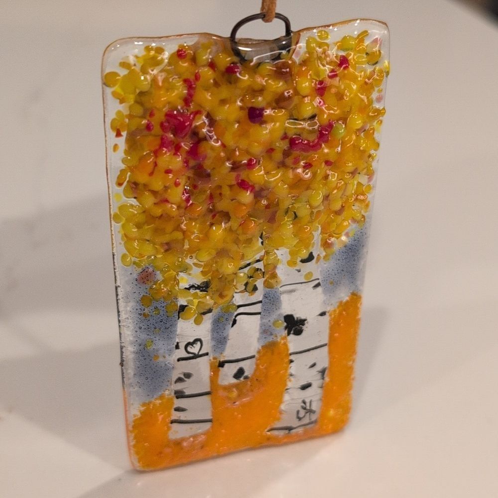 Fused Glass Birch Tree Suncatcher Art Signed Judi Hartman
